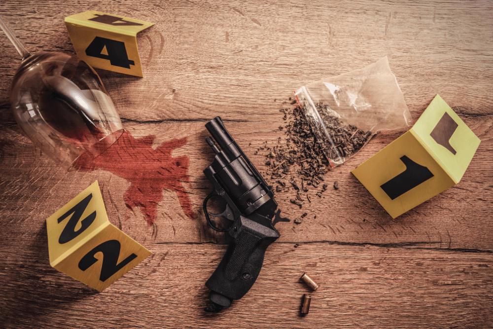 Crime scene with handgun, evidence markers, and drugs, illustrating drug-related crimes, common after jail time