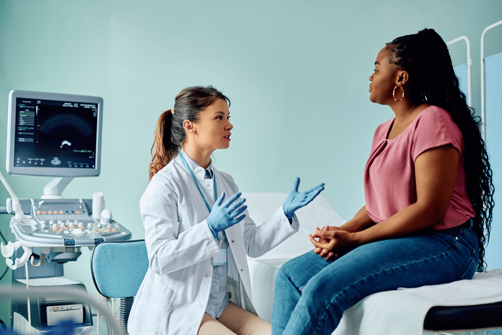 A doctor discusses the dangers of mixing Prozac and alcohol with an adult female patient