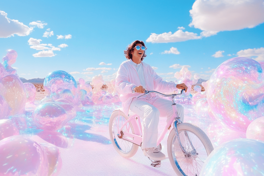 Man high from psychedelics, riding bike through metallic pink bubbles, wearing sunglasses, dressed entirely in white