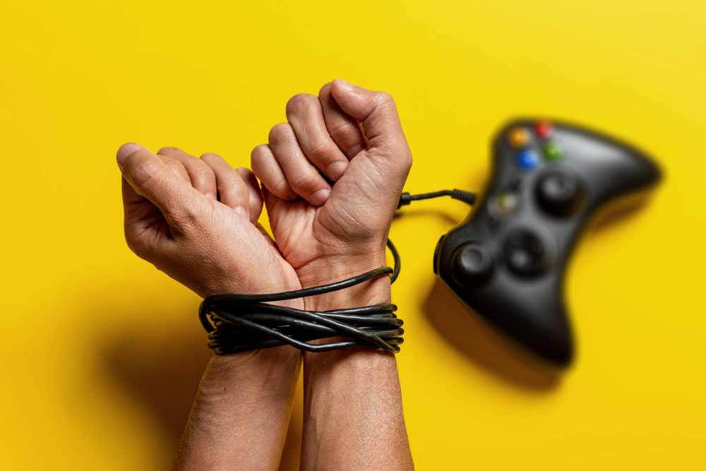 Wires of a video game controller wrapped tightly around someone’s wrists, like handcuffs, against yellow background