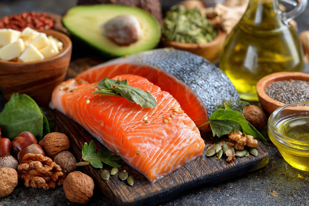 Healthy fats like salmon, avocado, and olive oil support energy and nutrient absorption in recovery