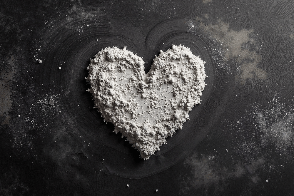 White powder form of drug shaped into a heart against a dusty black background