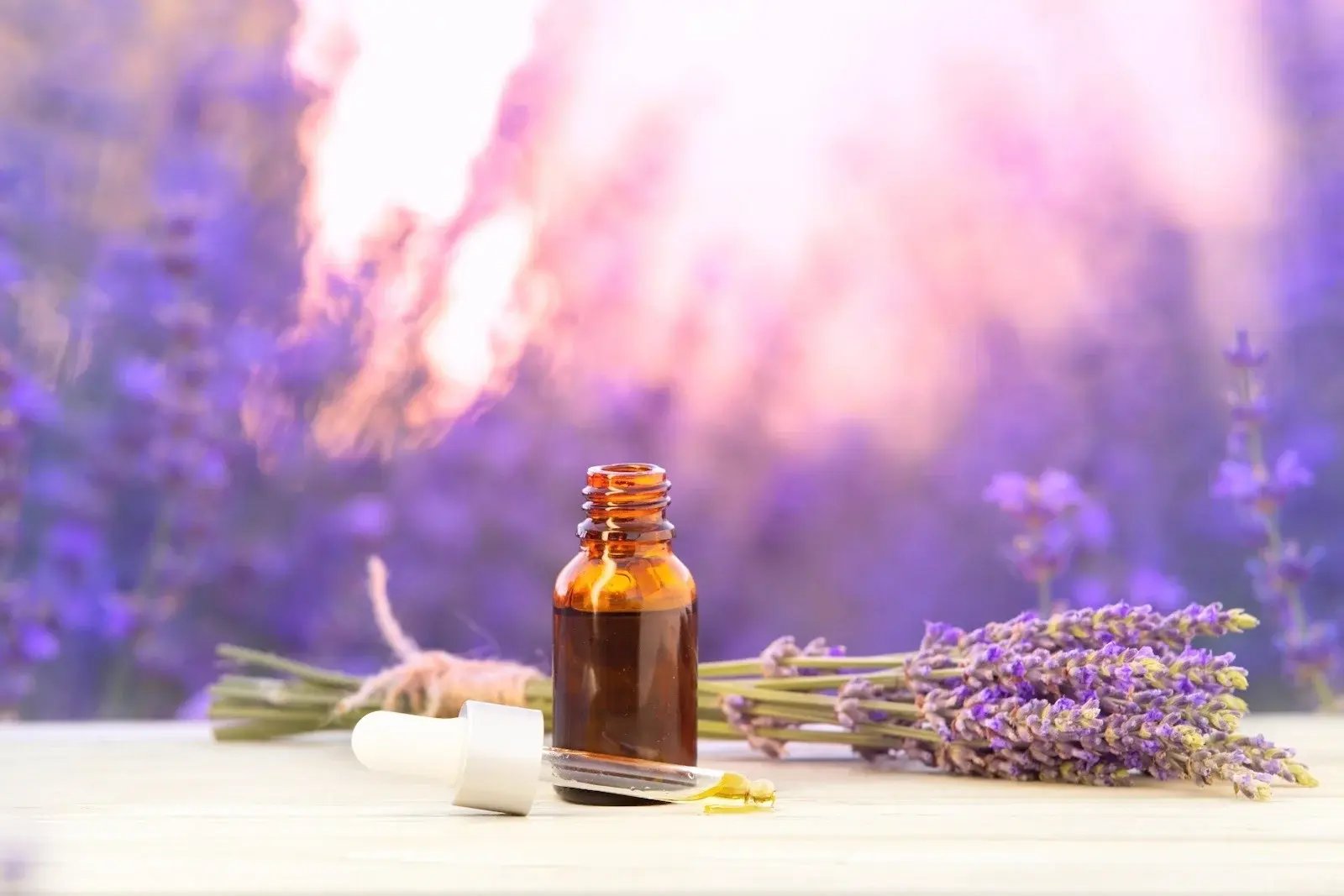 Bottle with dropper and lavender bunch. Lavender essential oil for addiction can soothe and fight cravings.