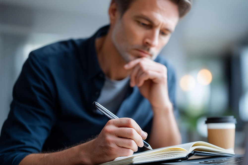 Man thoughtfully writes his relapse prevention plan in a notebook, beside a laptop and coffee