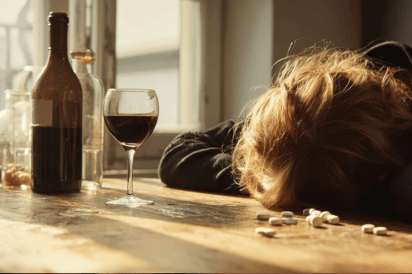 Depressed person laying their head on a wooden table beside Wellbutrin pills, wine bottles, and glasses of alcohol.