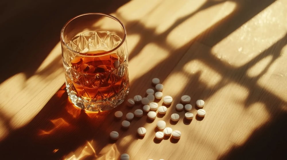 Glass of whiskey next to white pills, depicting the combination of Adderall and alcohol.