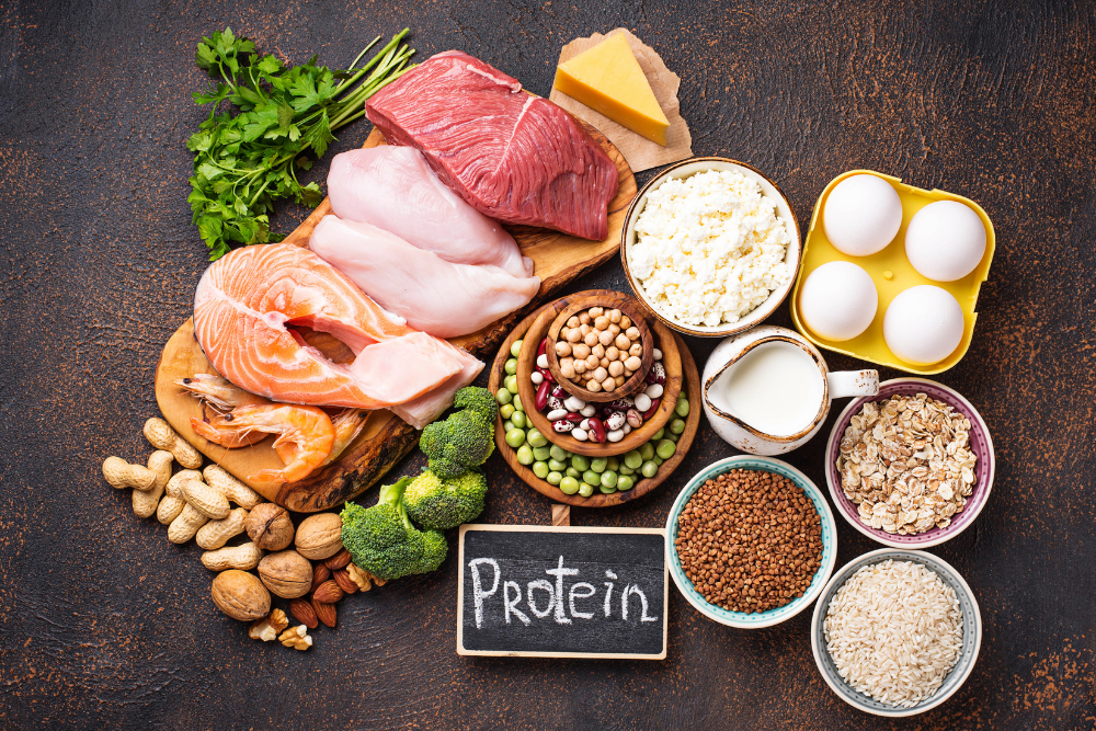 "Protein" sign surrounded by protein-rich foods, key to building strength in addiction recovery