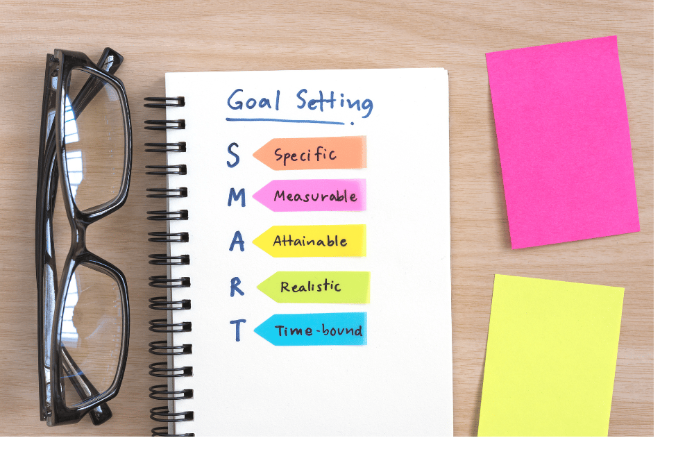 Notebook with acronym ‘SMART’ under heading ‘Goal Setting’. CBT for addiction teaches SMART goals.