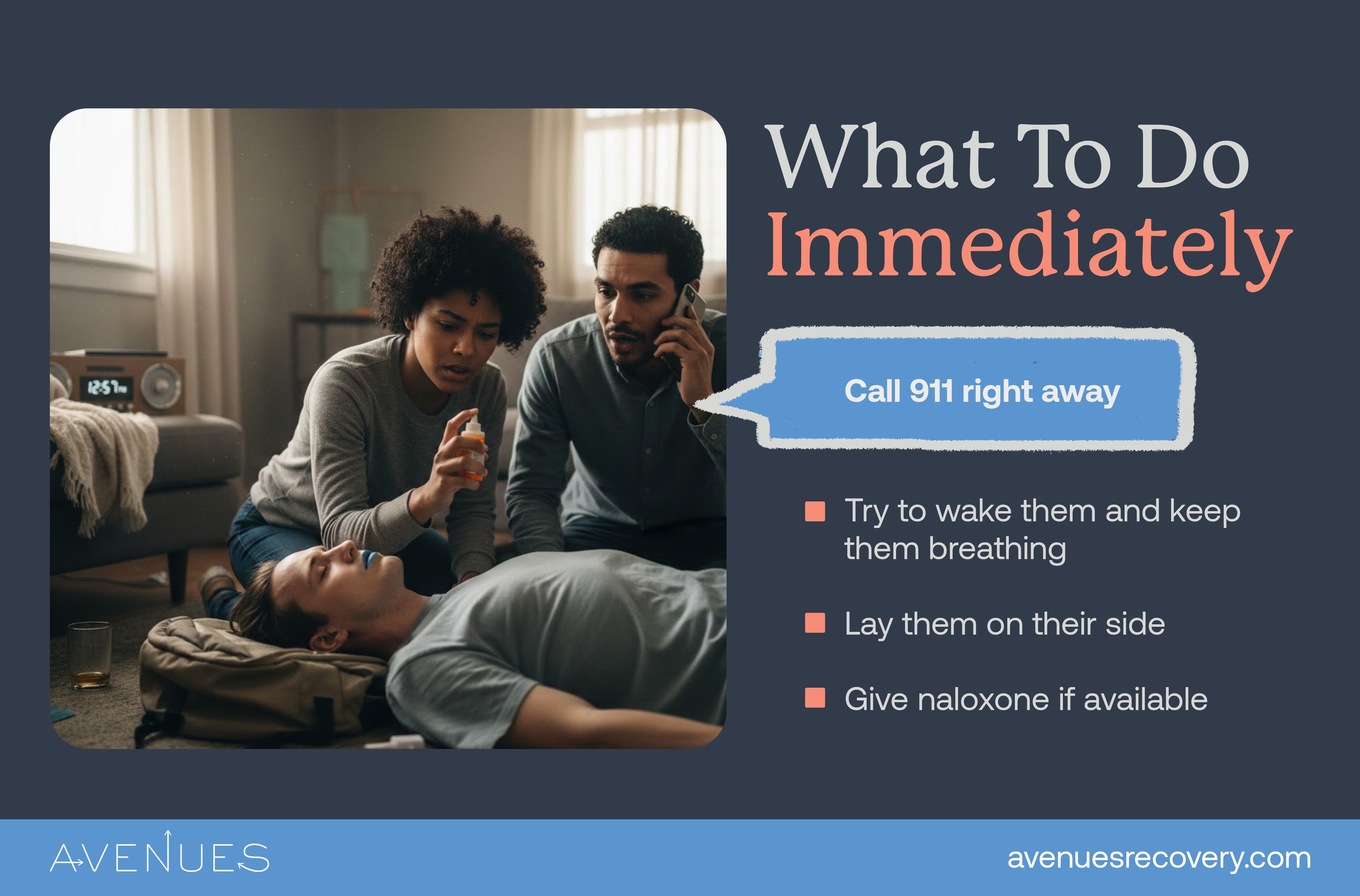 Infographic of what to do as Avenues Recovery explores overdose