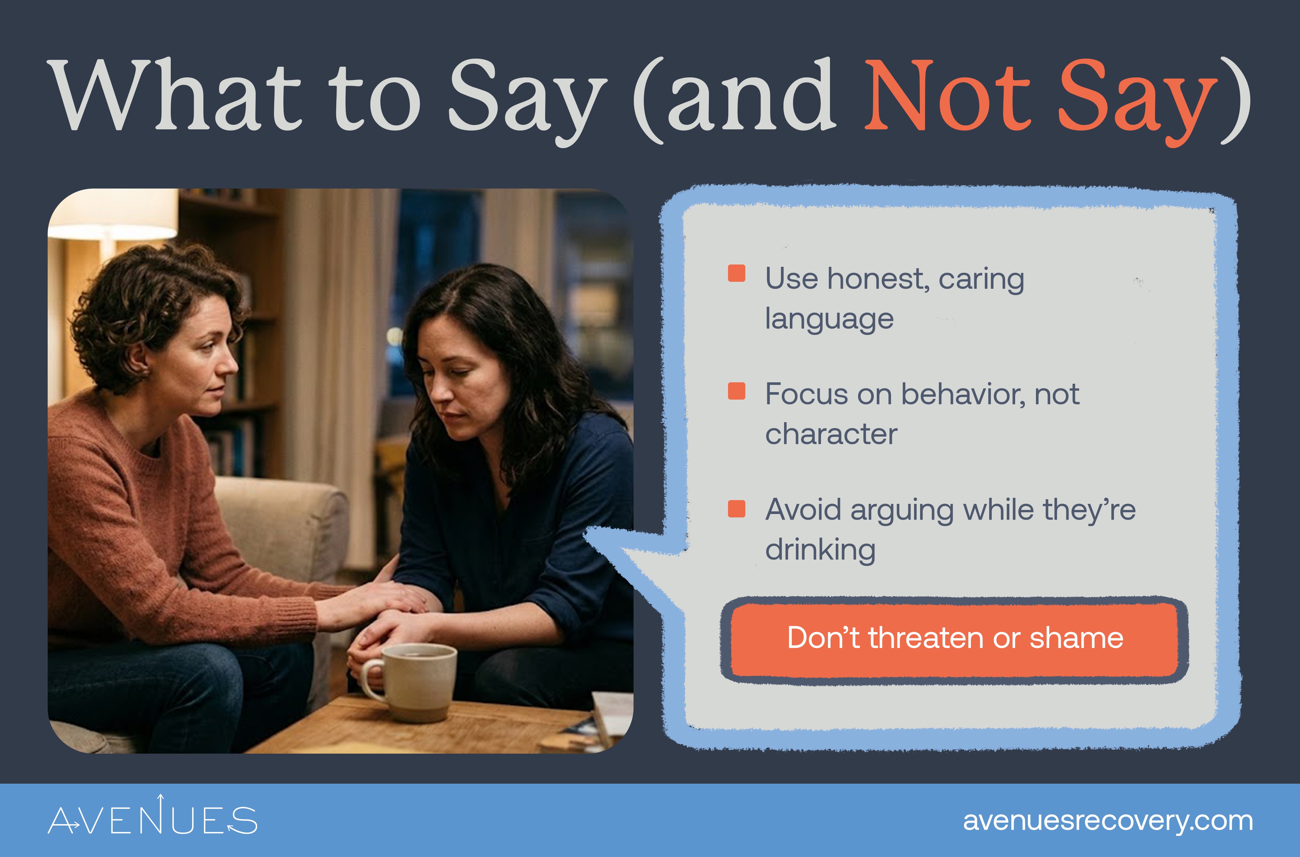 Infographic of what to say and what not to say s Avenues Recovery explores how to help an alcoholic family member