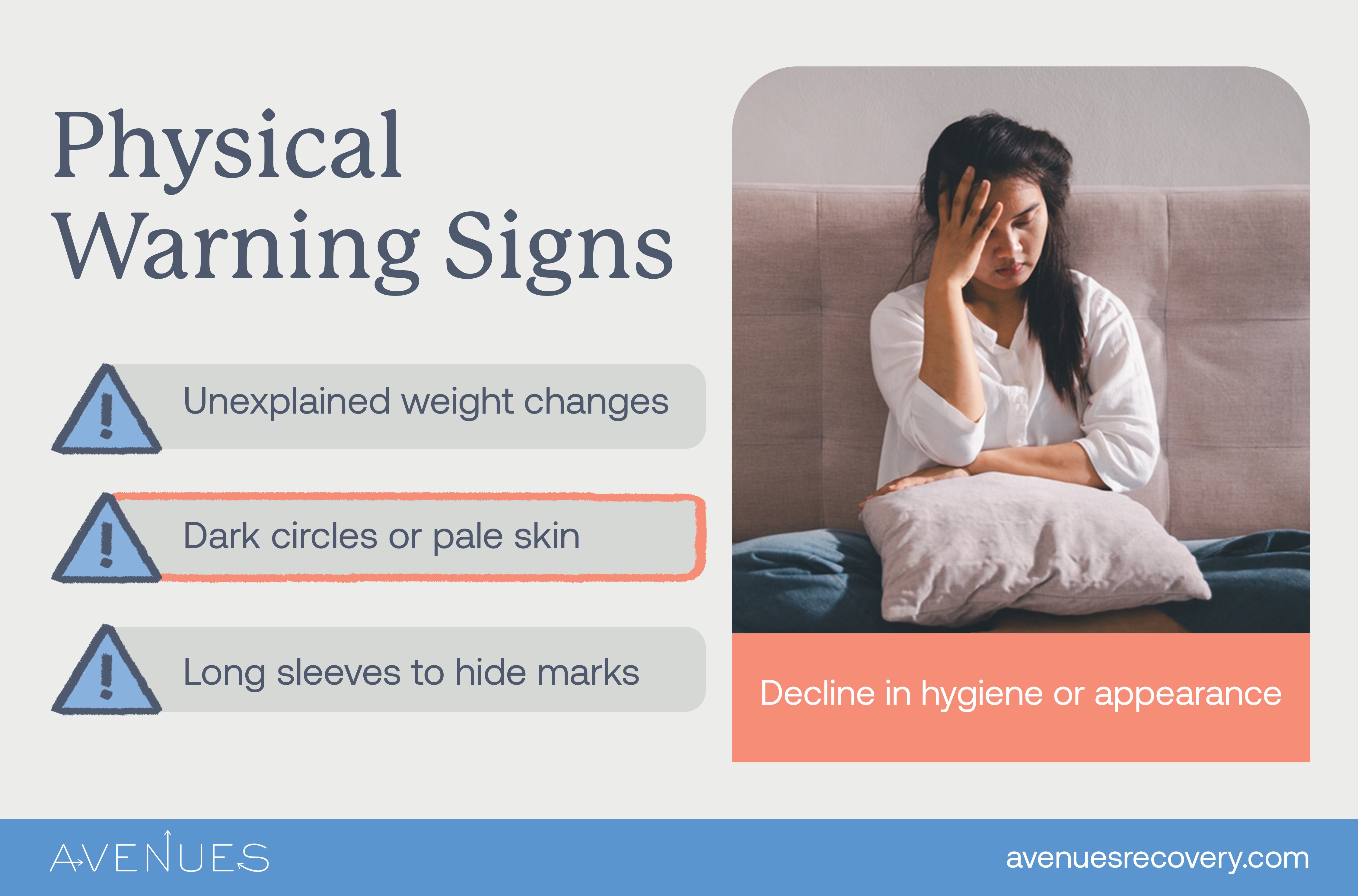 Infographic of physical warning signs as Avenues Recovery explores how to spot signs of abuse in a a family member