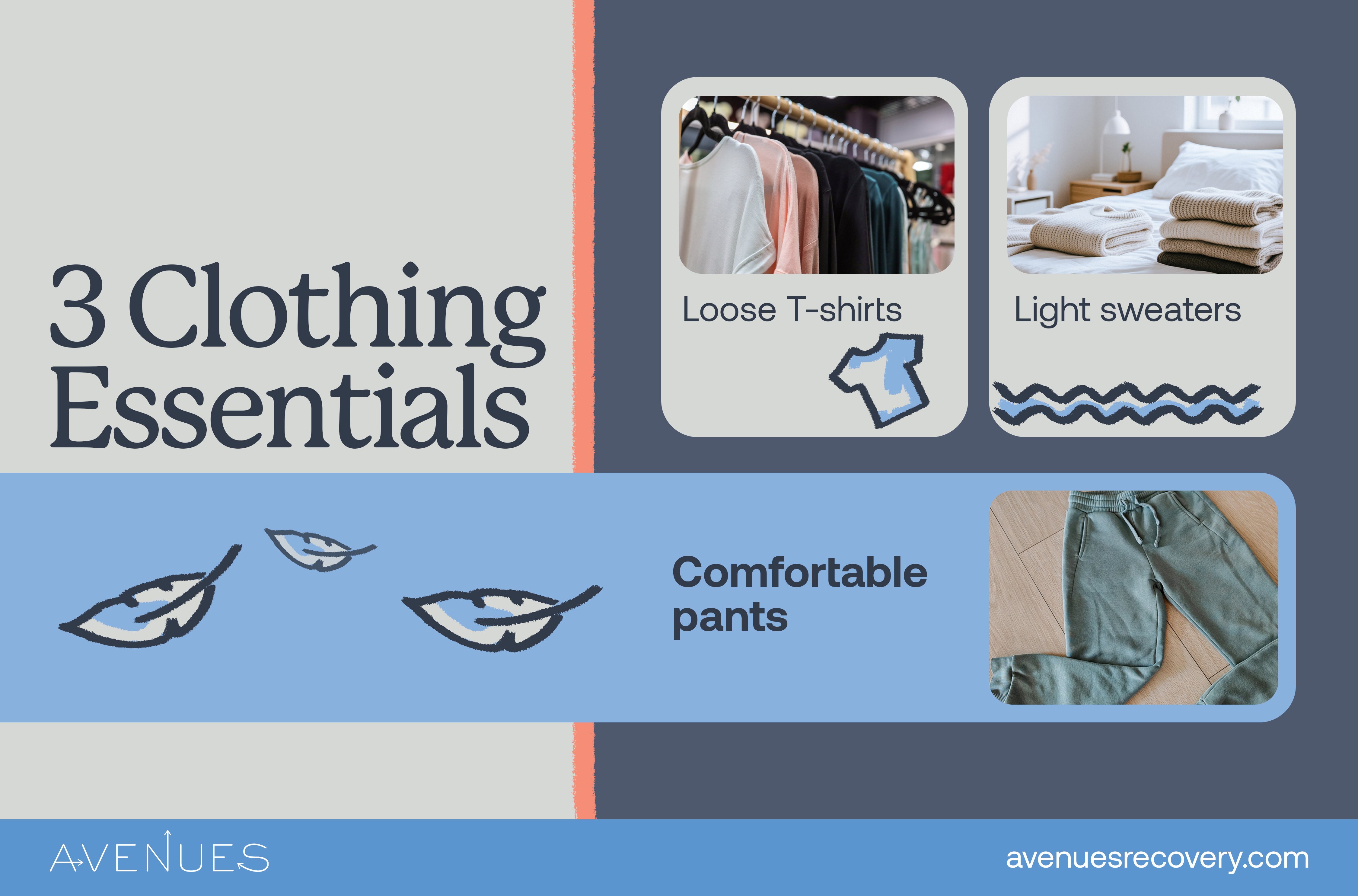 Infographic of clothing essentials as Avenues Recovery explores what to bring to rehab