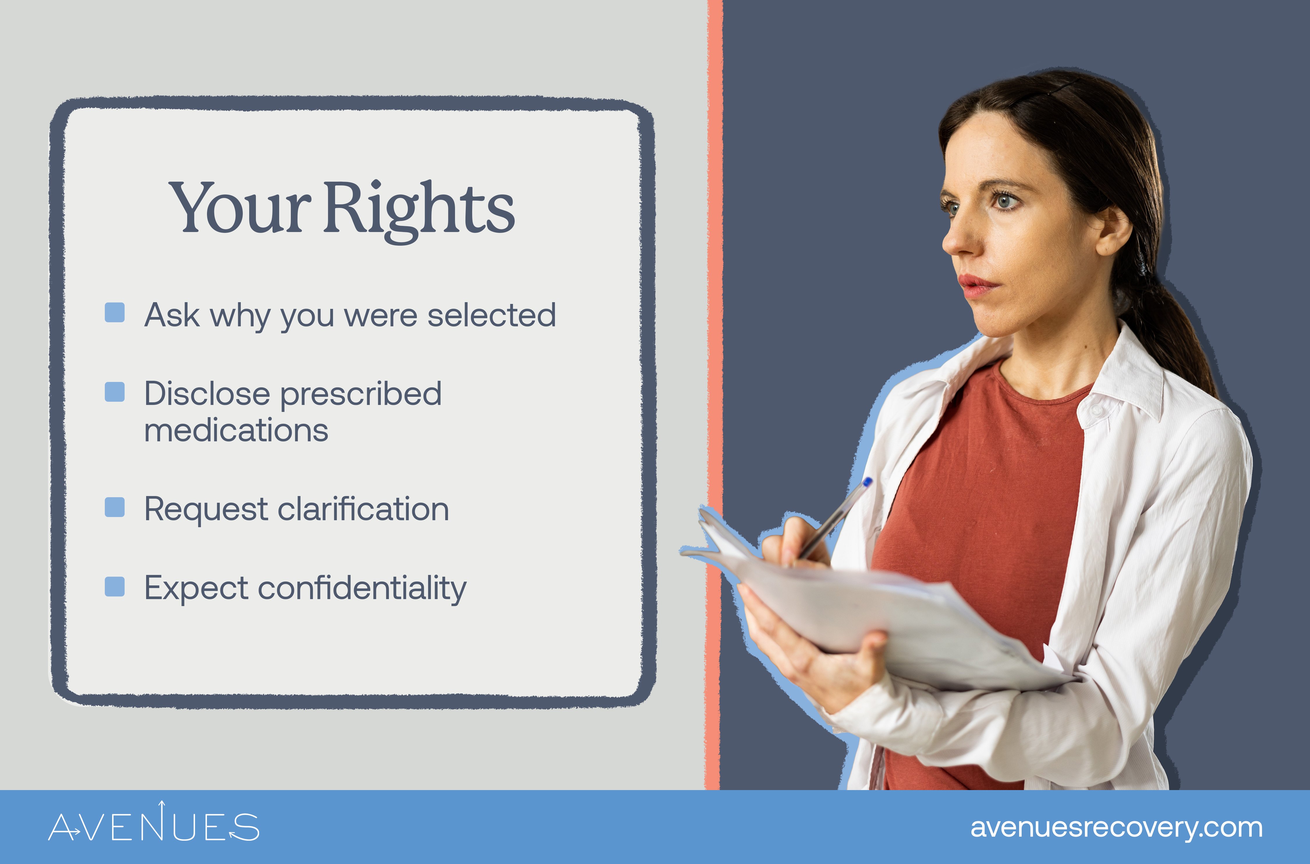 Infographic of your rights as Avenues Recovery explores drug test refusal at work