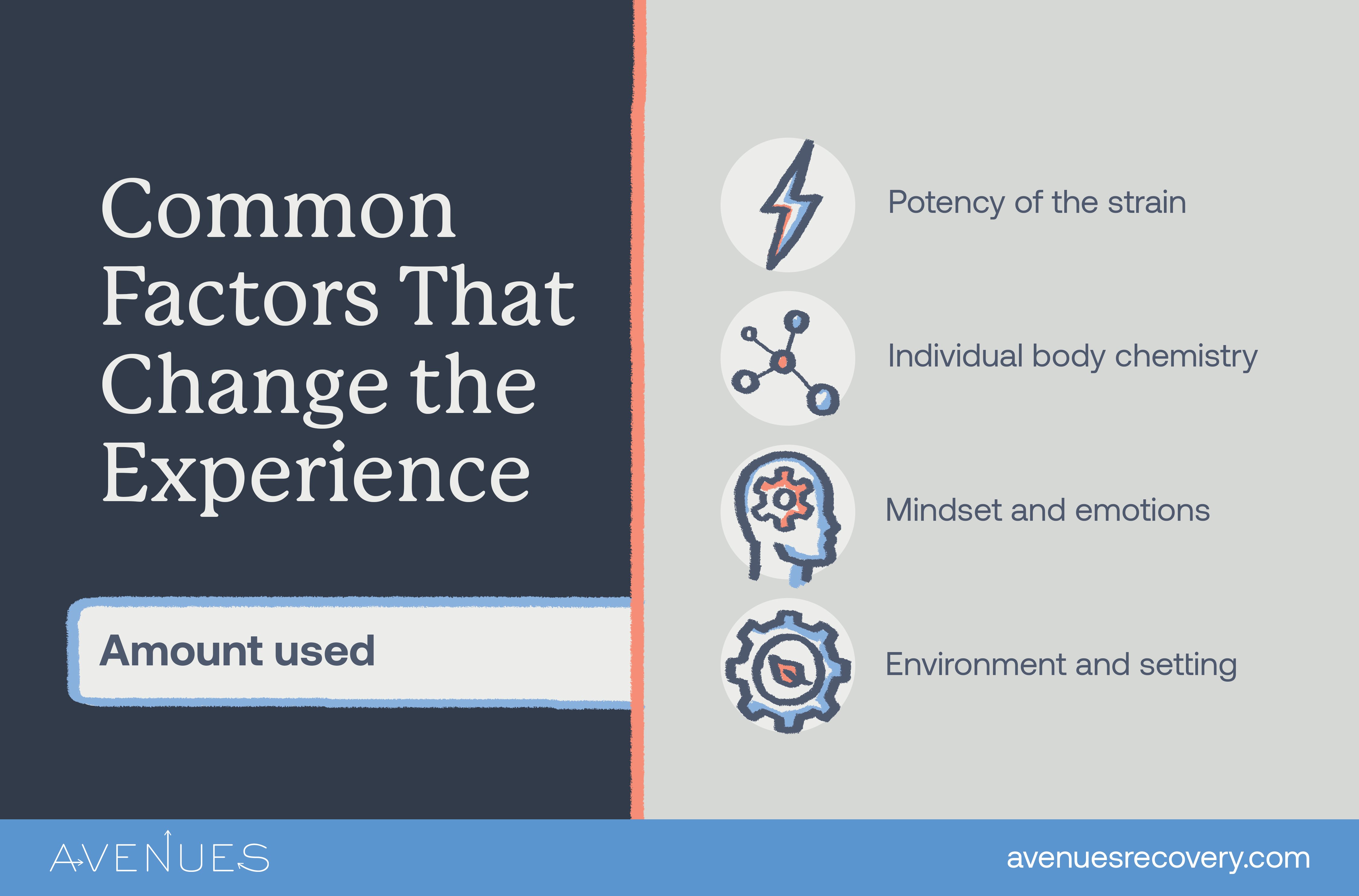 Infographic of common factors that change the experience as Avenues Recovery explores how much is a gram of mushrooms