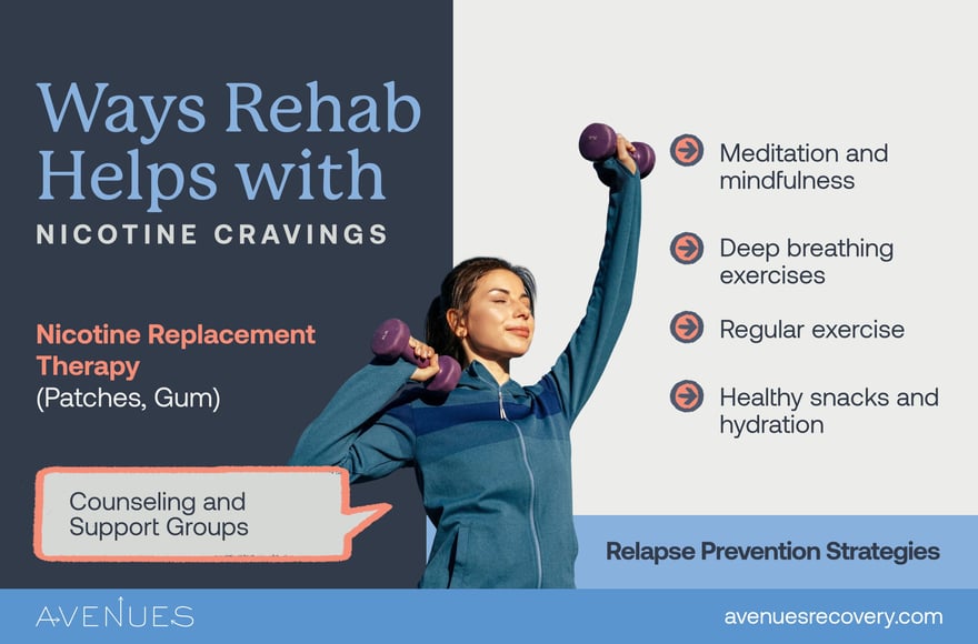 Infographic of ways rehab helps with nicotine cravings as Avenues Recovery explores can you smoke cigarettes in rehab