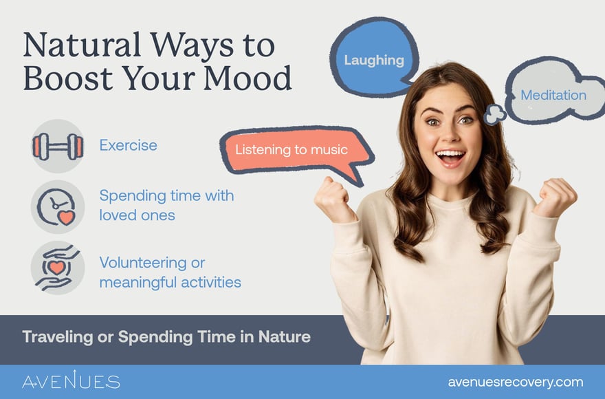 Infographic of natural ways to boost your mood as Avenues Recovery explores how to get high without drugs or alcohol