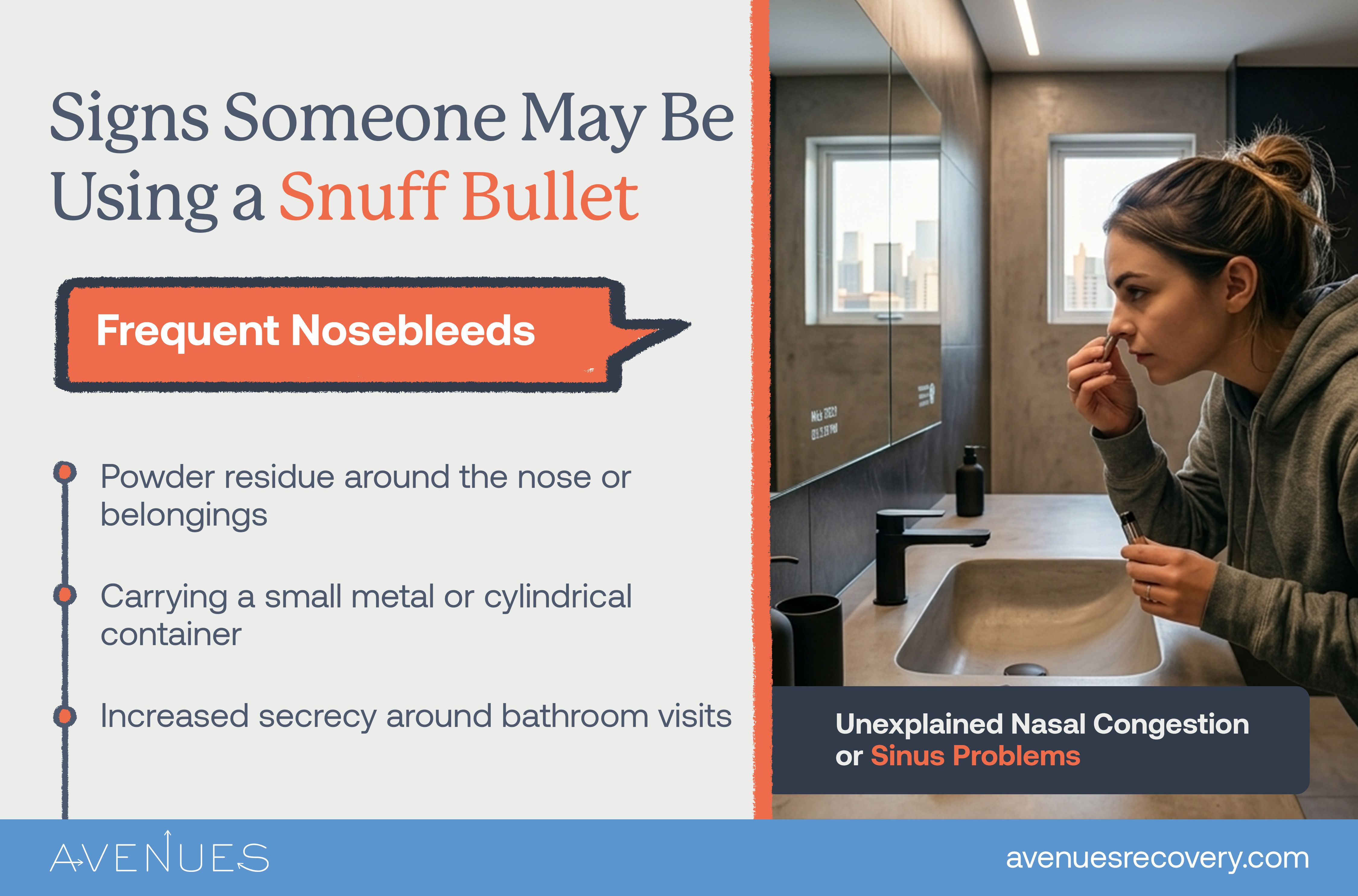 Infographic of signs someone may be using a snuff bullet as Avenues Recovery explores Snuff Bullets