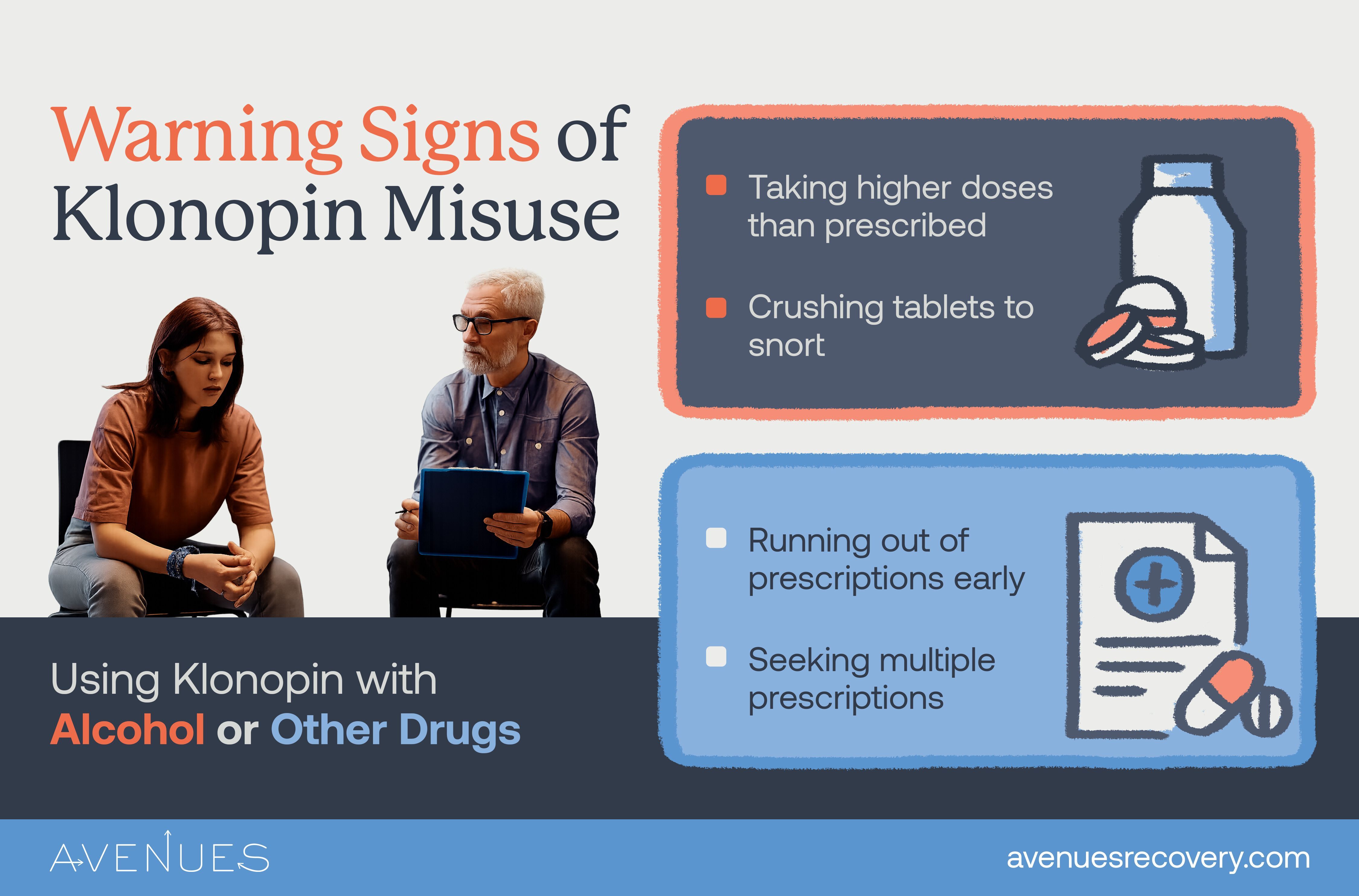 Infographic of warning signs of klonopin misuse as Avenues Recovery explores snorting klonopin