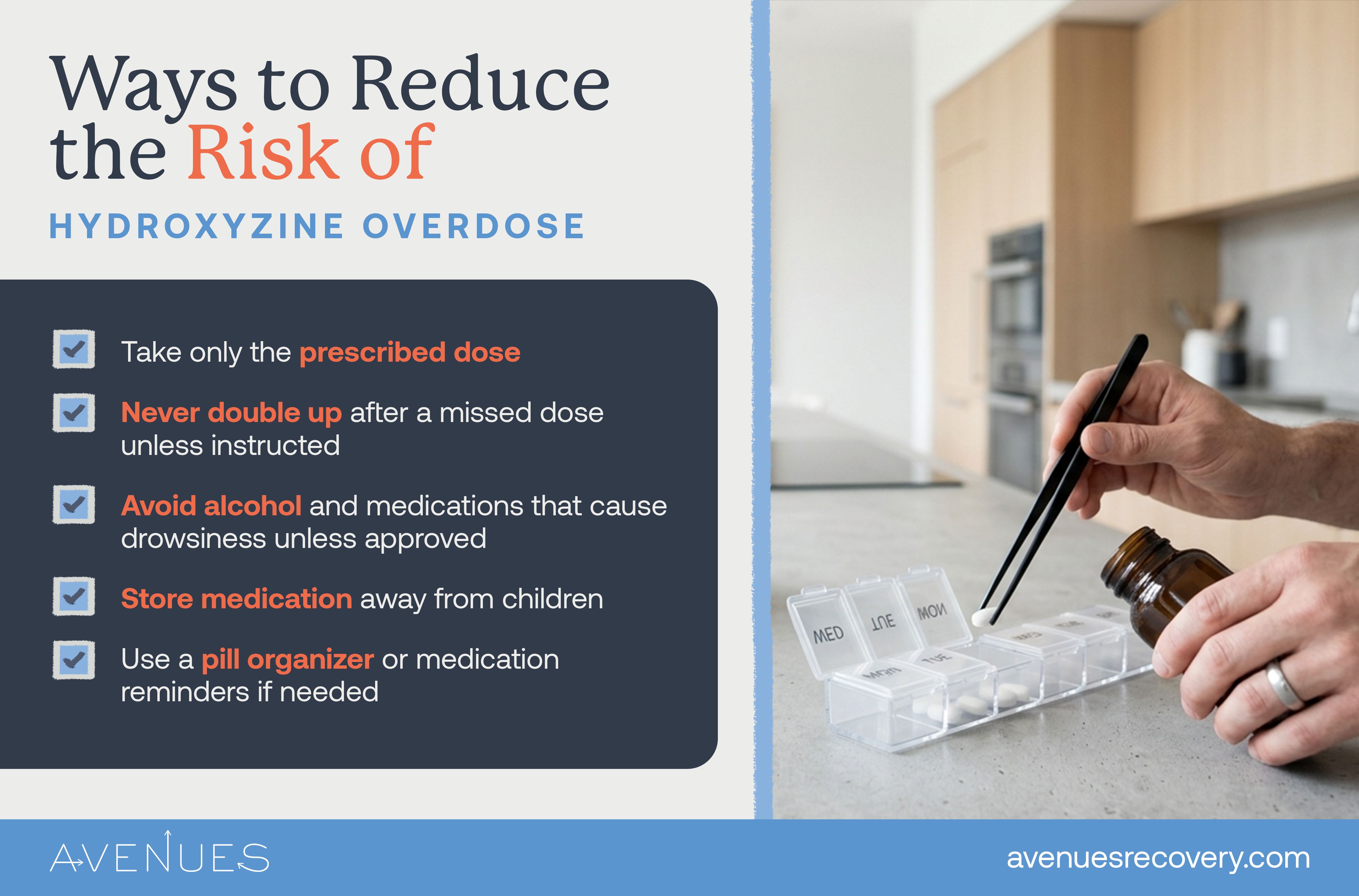 Infographic of ways to reduce the risk as Avenues Recovery explores hydroxyzine overdose