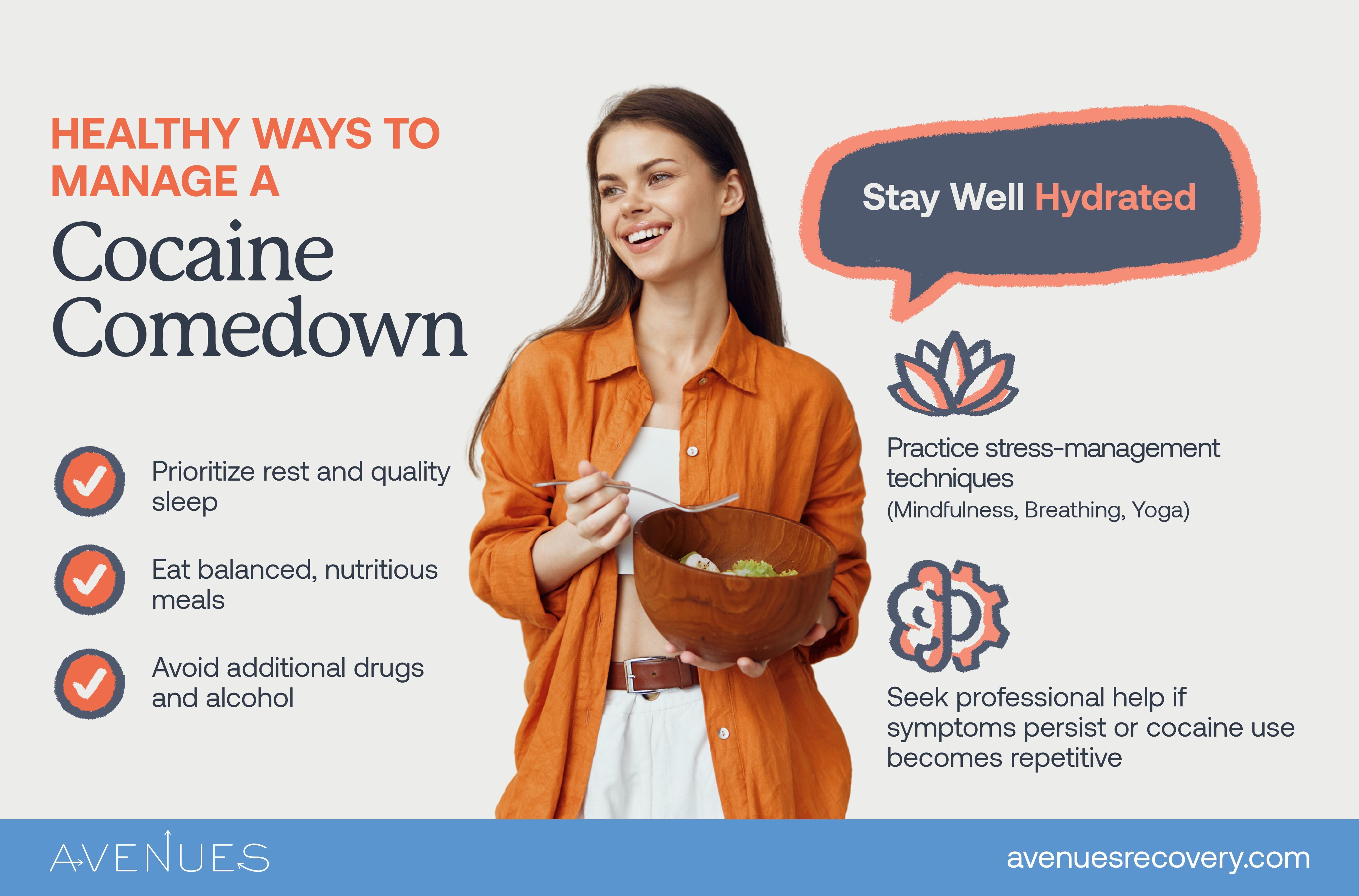 Infographic of healthy ways to manage a cocaine comedown as Avenues Recovery explores how long does a cocaine high last