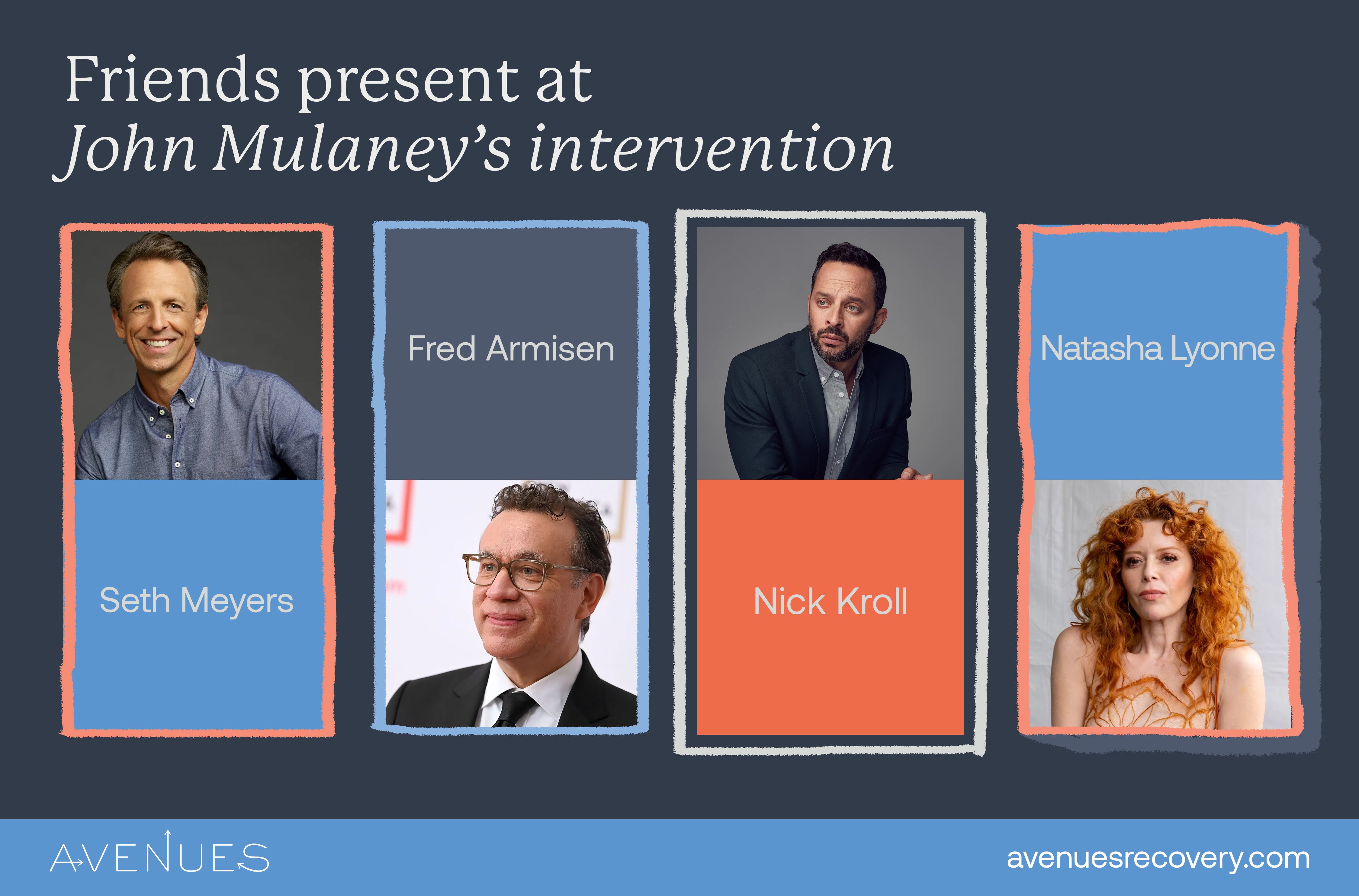 Infographic of friends at Mulaney's intervention as Avenues explores John Mulaney's addiction