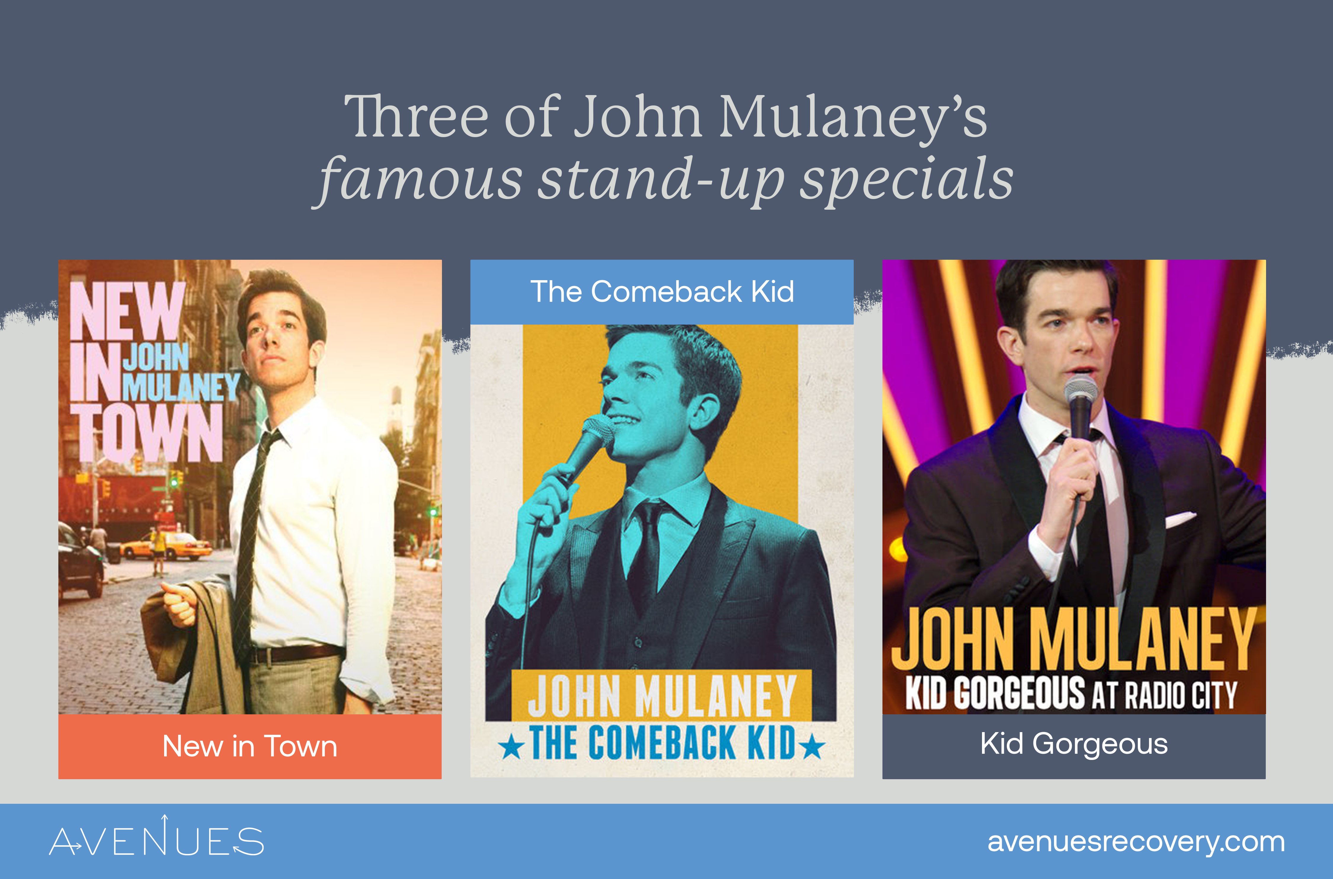 Infographic of Mulaney's comedy stand ups as Avenues explores John Mulaney's addiction
