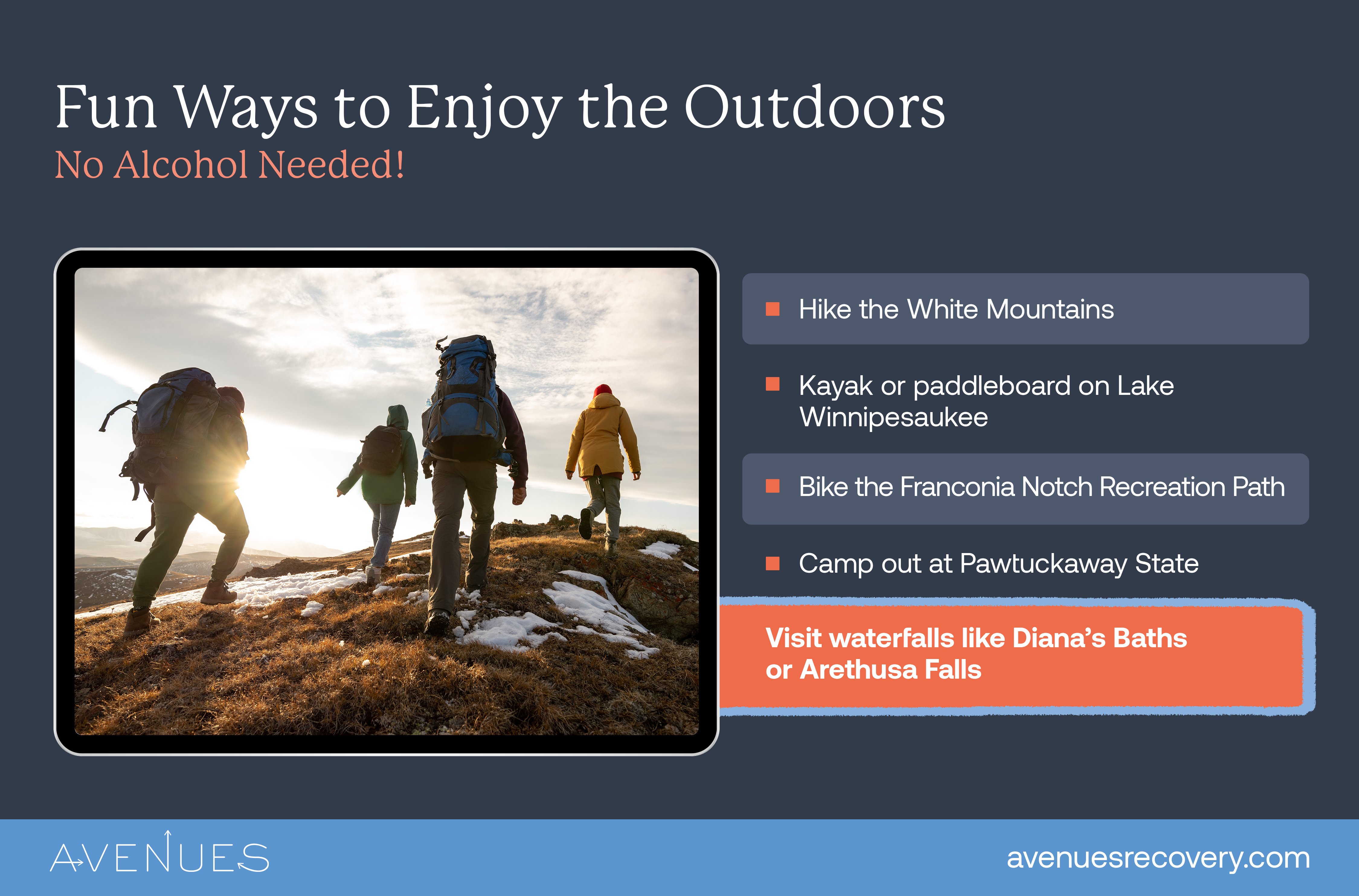 Infographic of fun sober summer activities as Avenues Recovery explores sober summer activities in New Hampshire