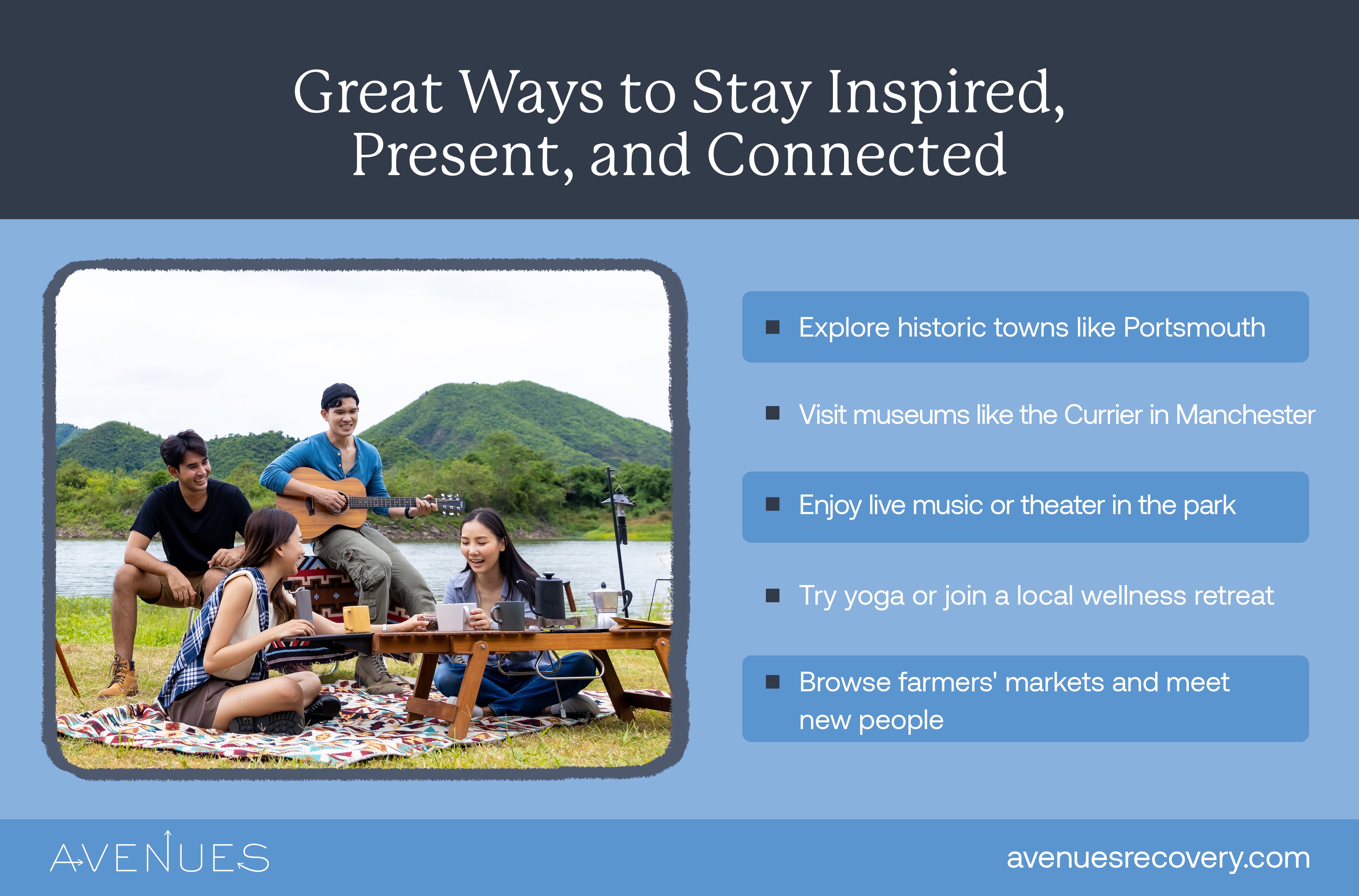 Infographic of sober summer NH activities as Avenues Recovery explores New Hampshire Summer Activities