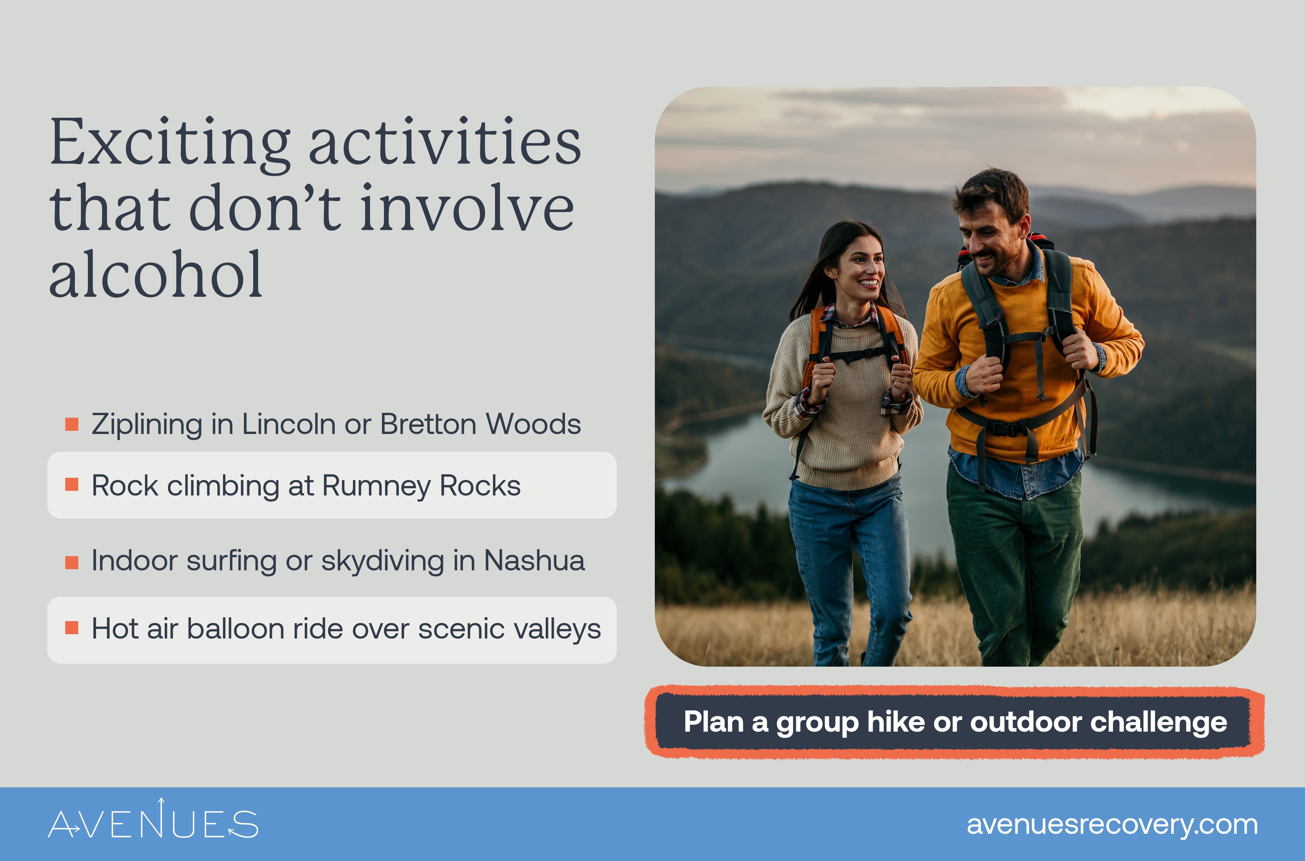 Infographic of activities that don't involve alcohol as Avenues Recovery explores NH Sober activities