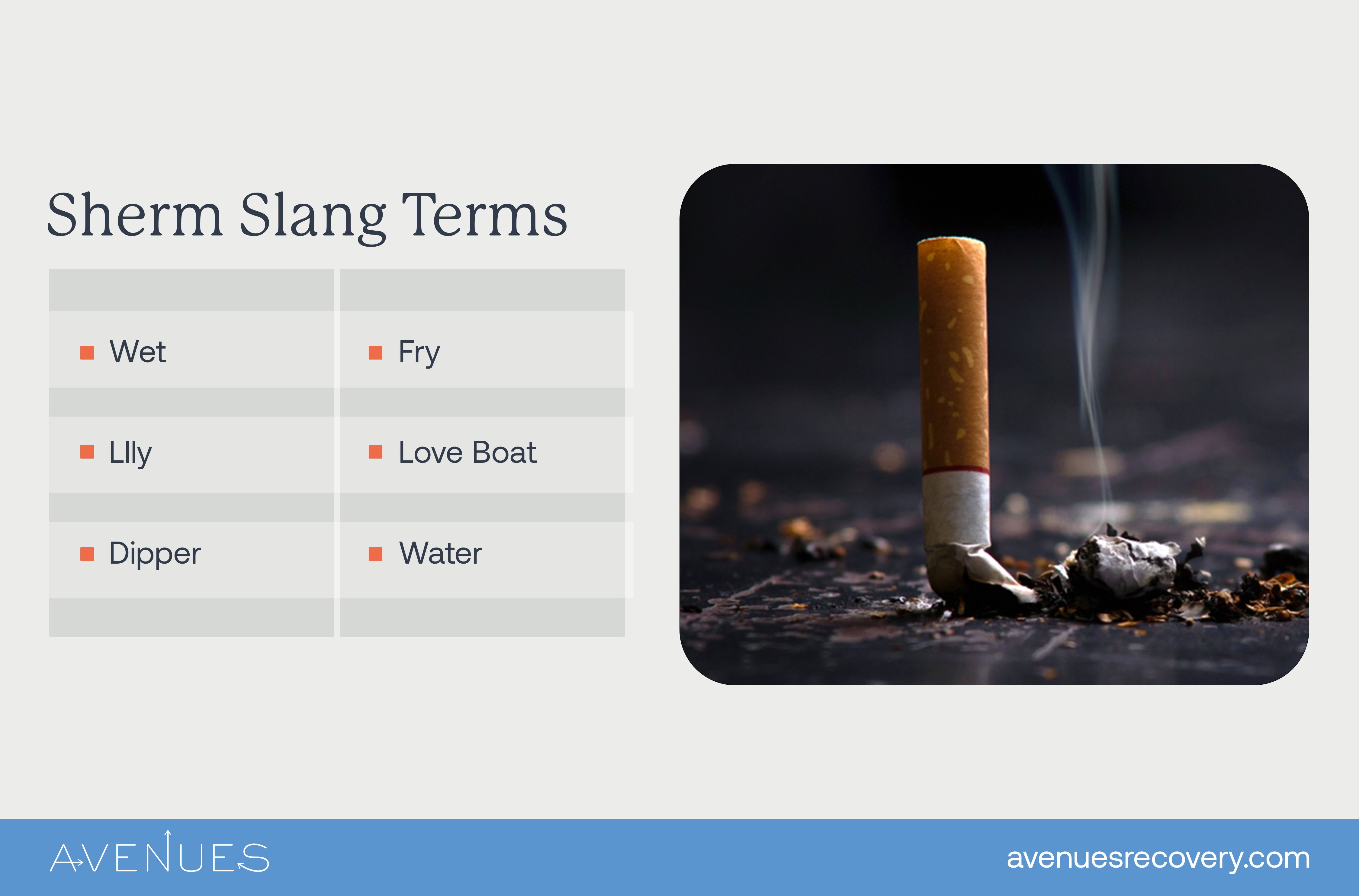 Image of infographic listing Sherm Slang Terms as Avenues Recovery explores what is Sherm Drug