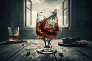Wellbutrin pills on a wooden table beside a swishing glass of whiskey.