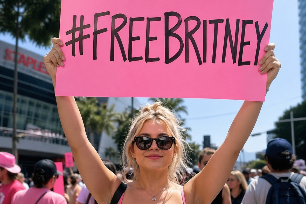 Person holding a “#FREEBRITNEY” sign at a rally supporting Britney Spears during her conservatorship movement.