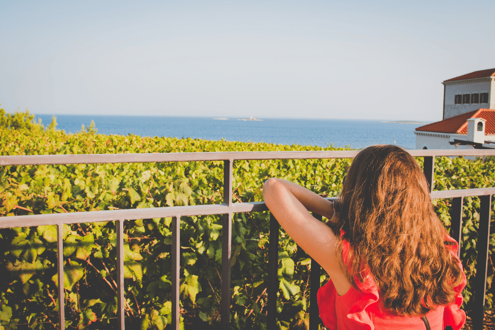 Woman leaning on the metal fence of rehab, looking at the view of the ocean, her hair cascading down her red dress.