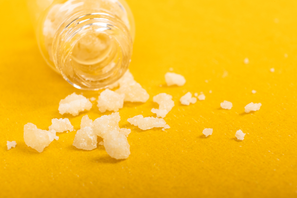 Amphetamine salt crystals, formed from Vyvanse metabolism and prolonging drug half-life in the human system.