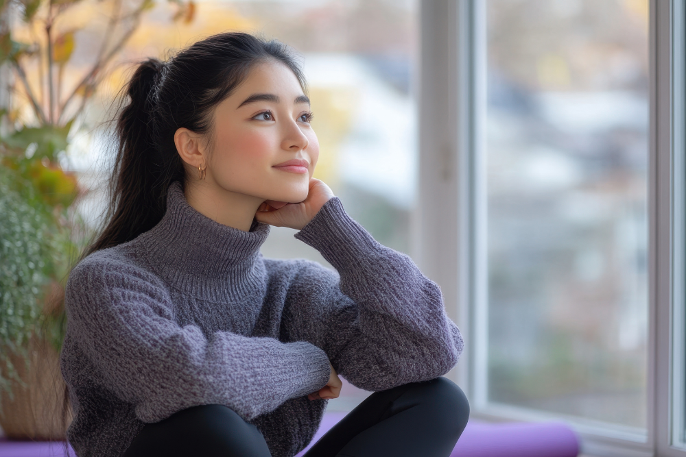 Calm woman experiencing temporary relief from anxiety through Valium use, which may lead to addiction.