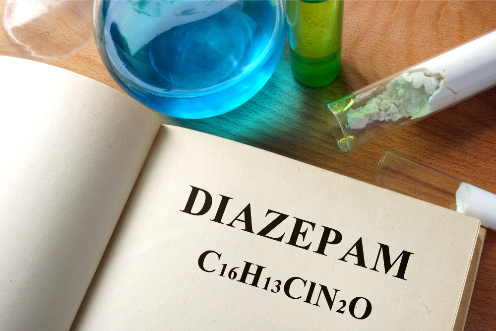 Structural chemical formula of diazepam, the active ingredient in the addictive drug Valium