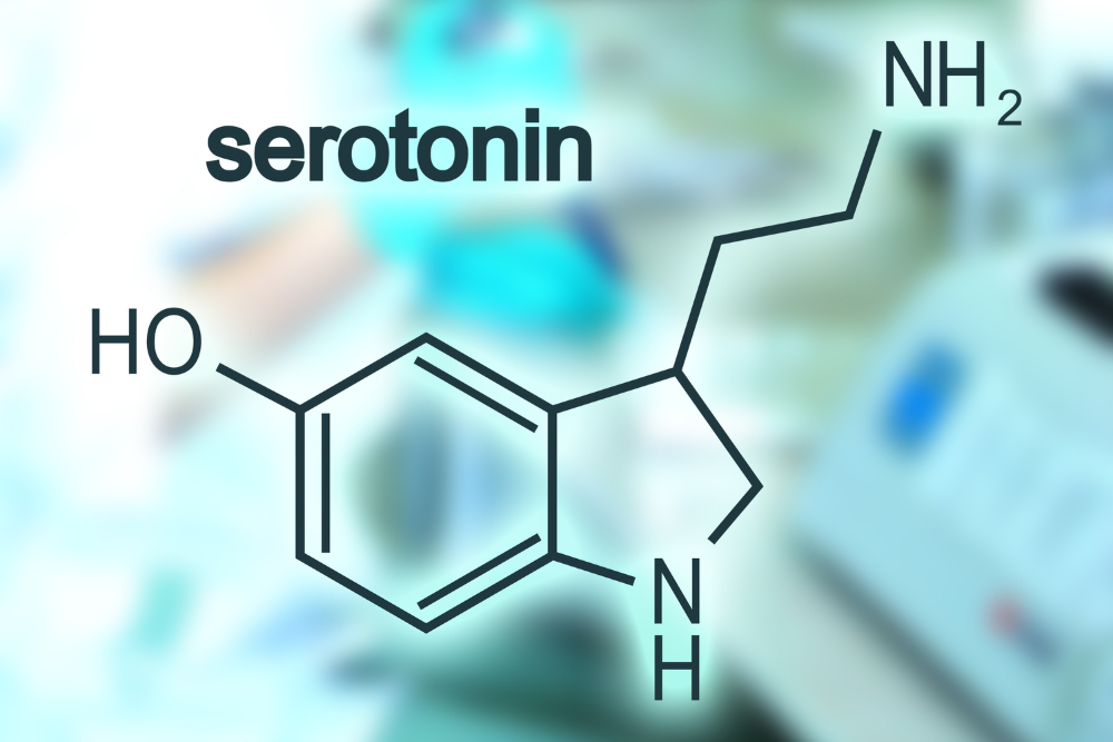 Chemical structure of serotonin, a neurotransmitter whose levels in the brain are gradually regulated by Prozac (fluoxetine).