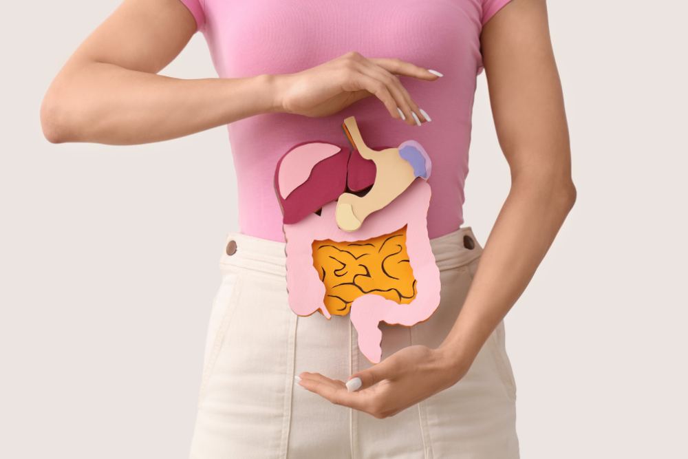 Diagram of a woman's digestive system showing fluoxetine remaining in the body for several days