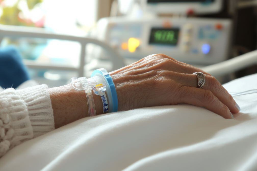 Hand of elderly cancer patient attached to machines in hospital, highlighting the risk of alcohol consumption