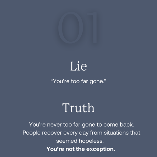 Image of white text on navy background as Avenues Recovery explores addiction lie #1: You're not enough