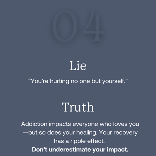 Image of white text on navy background as Avenues Recovery explores addiction lie #4: "I'm hurting noone but myself"
