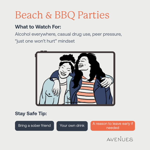 Sketch of two women hugging as Avenues Recovery explores common summer relapse trigger #1: bbqs and beach parties