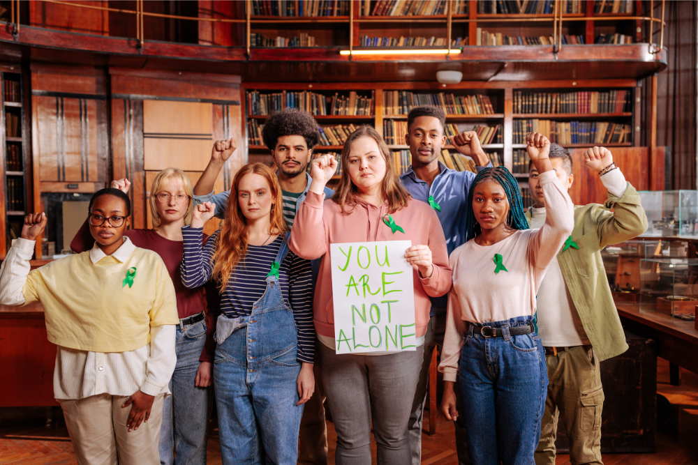 Group of young adults wearing green ribbons stand in solidarity for mental health awareness month. Avenues Recovery