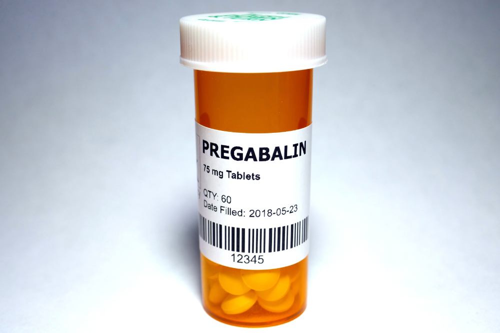 Bottle of 75mg Pregabalin tablets, sometimes misused for their euphoric effects, leading to potential Lyrica addiction