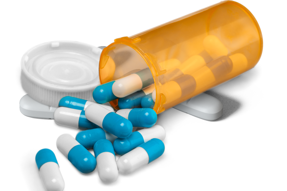 A spilled bottle of Vyvanse pills with an adult starting dose of 30mg daily, illustrating overdose risks. Avenues Recovery