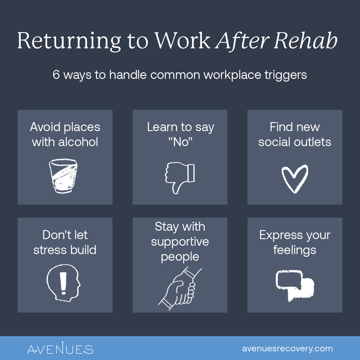 Avenues Recovery provides tips for returning to work after rehab and avoiding relapse triggers.