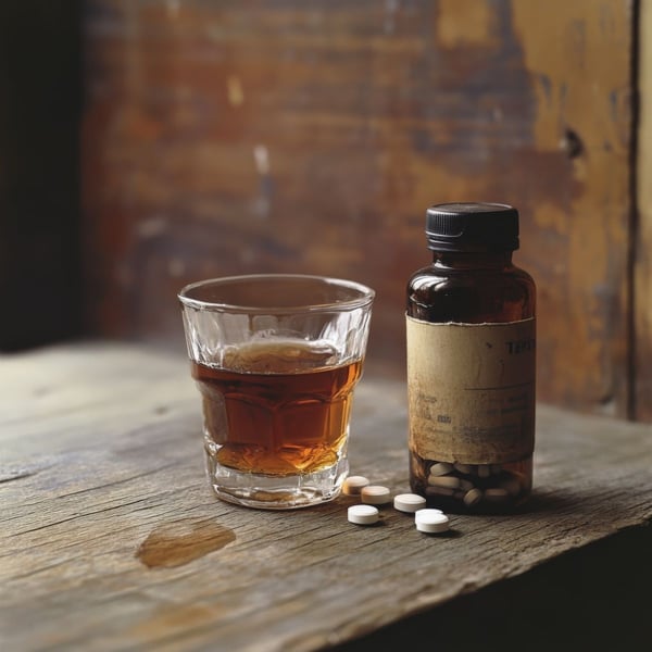 Image of glass of alcohol and pills as Avenues Recovery explores the dangers of Vyvanse and alcohol