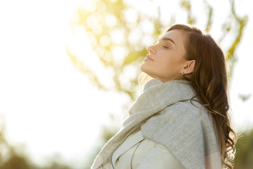 Woman feeling calm after taking Lyrica, which produces calming effects similar to benzodiazepines